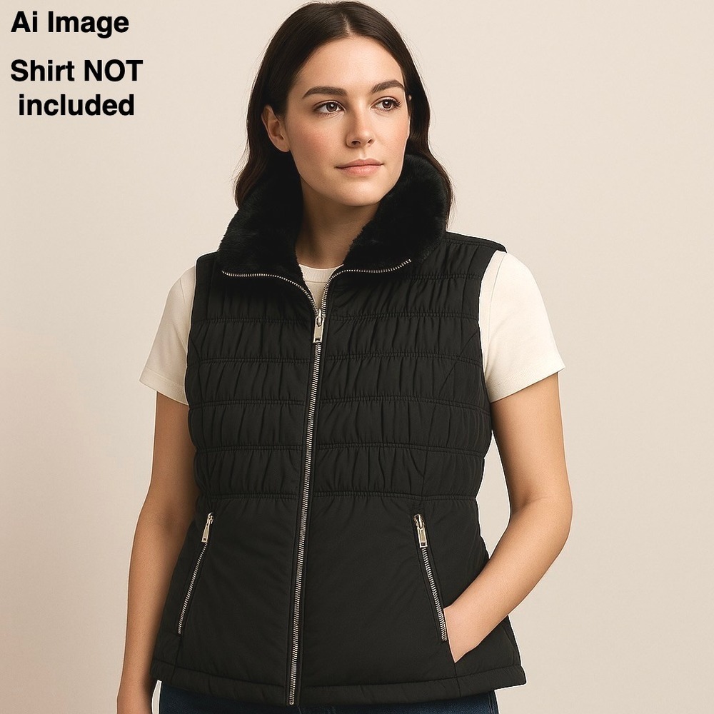 Calvin Klein Quilted Puffer Vest Black Faux Fur Collar Zipper Pockets‎  *READ
